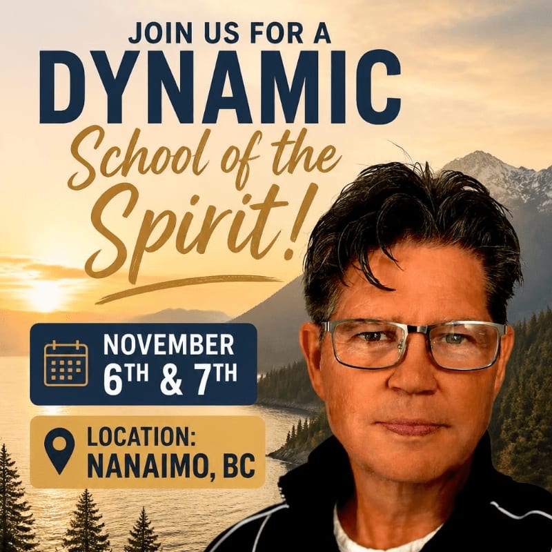A man wearing glasses stands in the foreground of an event flyer set against a scenic background of mountains and a sunset.