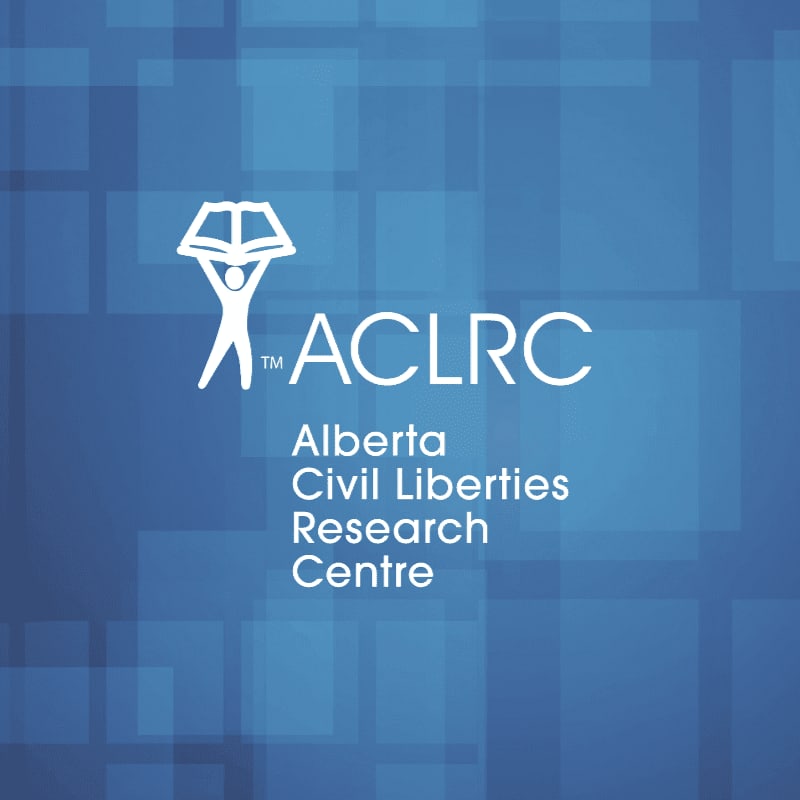 A white logo and text for the Alberta Civil Liberties Research Centre are centered against a blue background featuring a subtle grid of overlapping squares.
