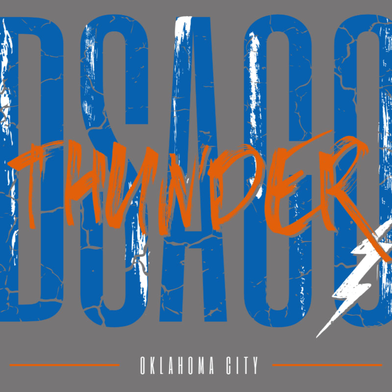 Orange "THUNDER" text and a white lightning bolt sit in the foreground over large, distressed blue "OKC" lettering against a gray background.