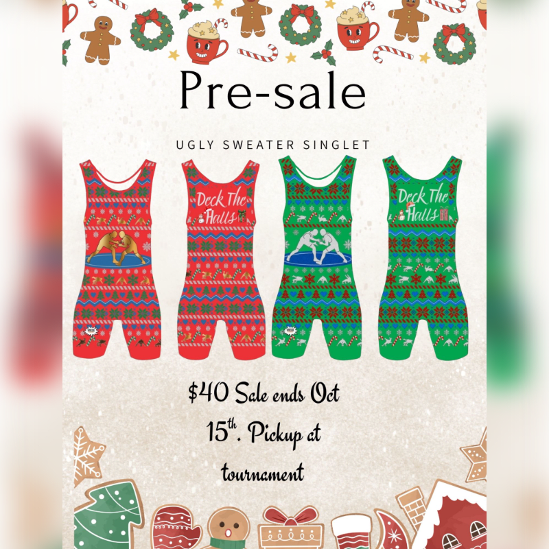 Four red and green "ugly sweater" wrestling singlets are displayed in the center against a white background decorated with festive gingerbread men and holiday treats.