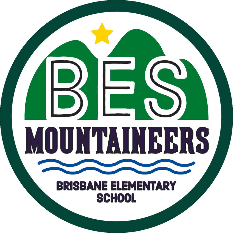 Green mountains and a yellow star form the background, while the foreground features the letters "BES" above the word "MOUNTAINEERS" and "BRISBANE ELEMENTARY SCHOOL" with blue wavy lines.