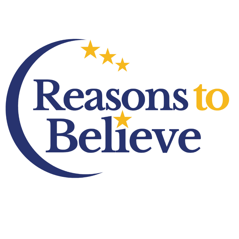 A blue crescent encircles the words "Reasons to Believe" in dark blue and yellow text, with four yellow stars above and one star between the words, all against a white background.