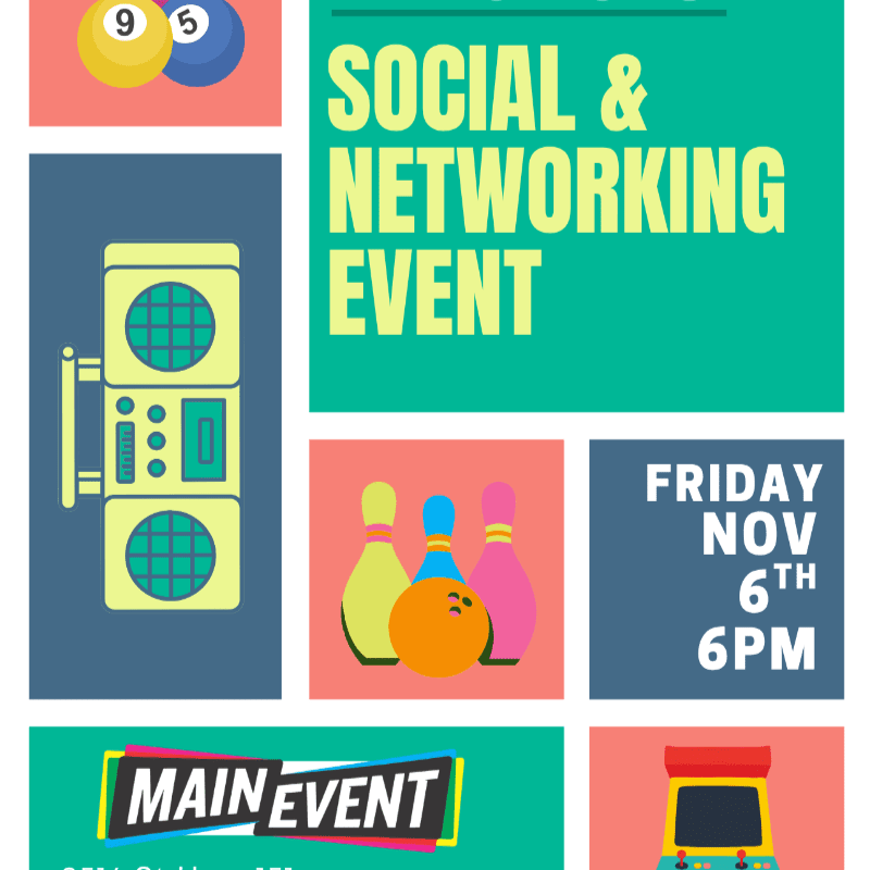 Colorful graphic tiles featuring billiard balls, a boombox, bowling pins, and event details are set against a vibrant green and blue background.
