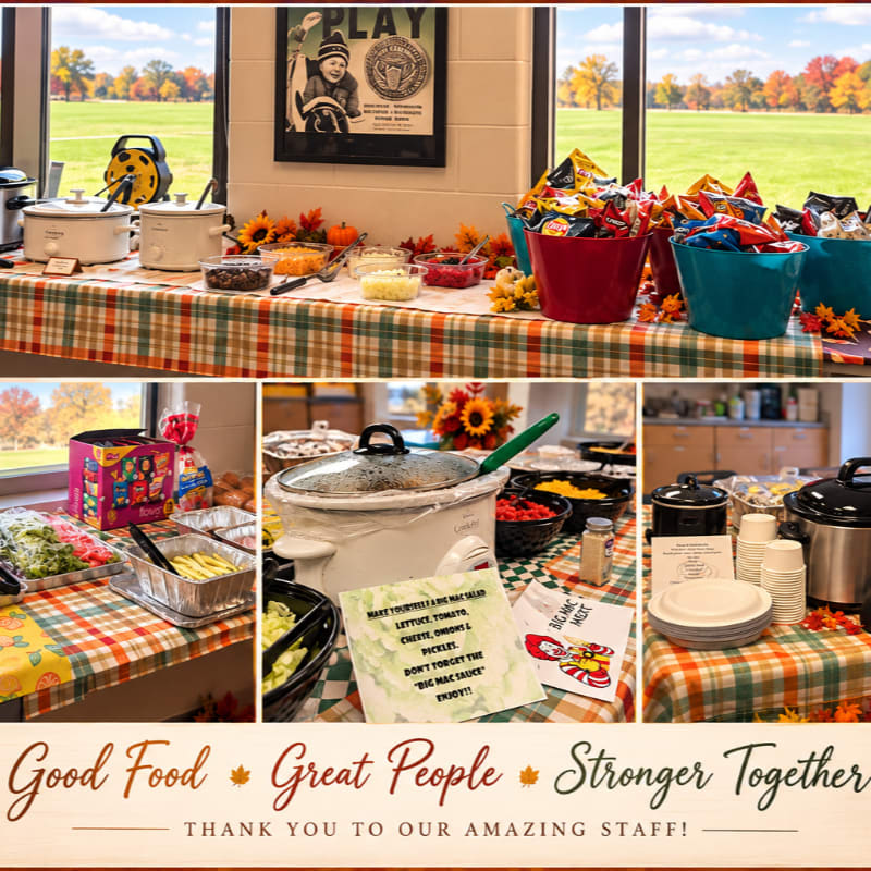 A collage of buffet tables laden with various foods and snacks is set against a backdrop of a window overlooking a scenic autumn landscape.