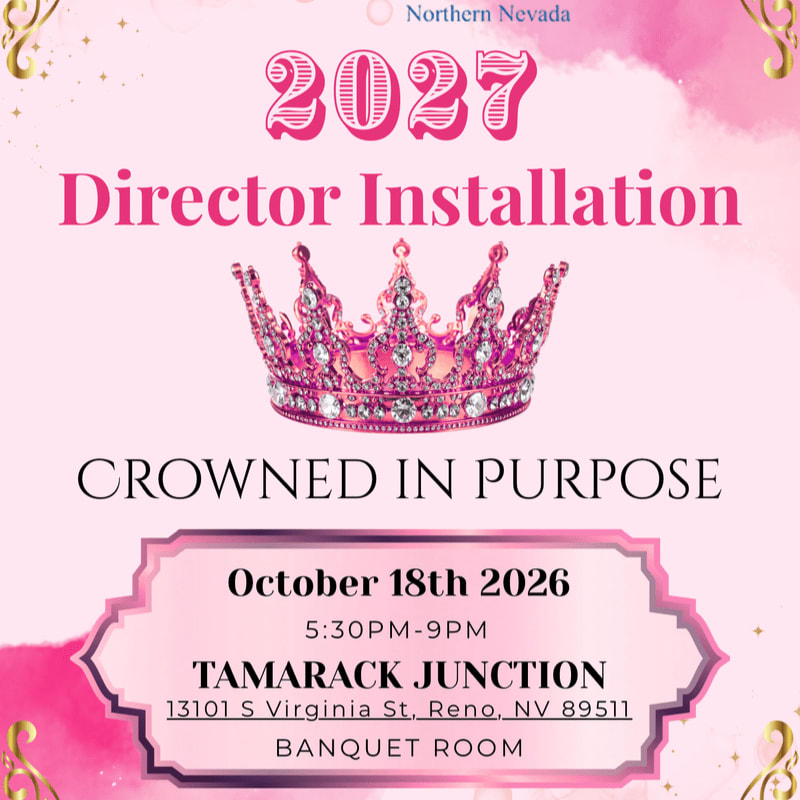A pink crown and event details for a 2027 Director Installation are centered over a soft pink and white cloudy background.