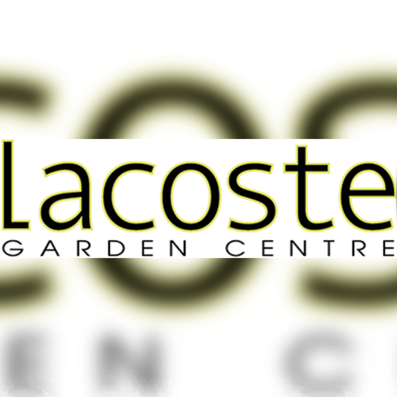 The text "Lacoster GARDEN CENTRE" is displayed in the foreground against a background of large, blurred, olive-green letters on a white backdrop.