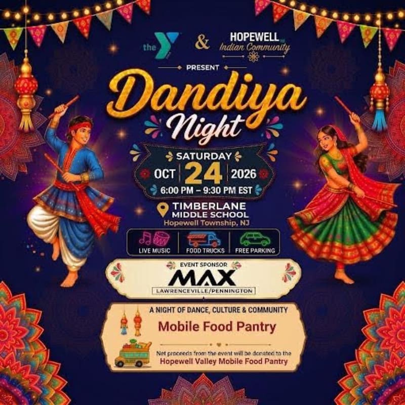 A colorful event flyer for "Dandiya Night" features two traditional Indian dancers in the foreground against a dark blue background decorated with festive banners, lanterns, and event details.