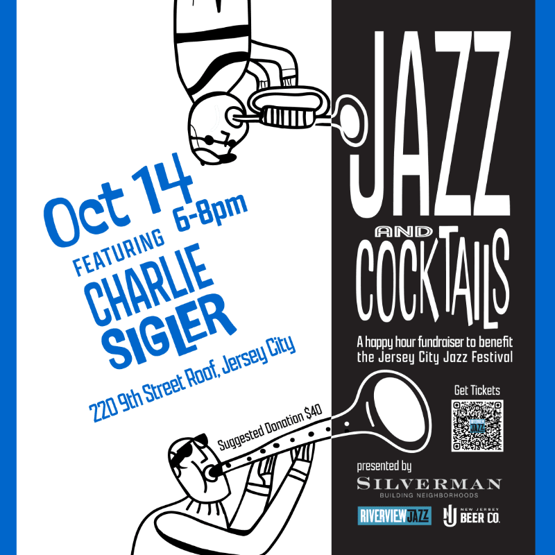 Blue and black text and illustrations of musicians are set against a split white and black background.