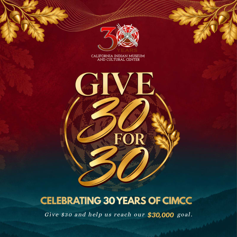 Gold text reading "GIVE 30 FOR 30" and a museum logo are centered over a red and blue gradient background framed by golden oak leaves.