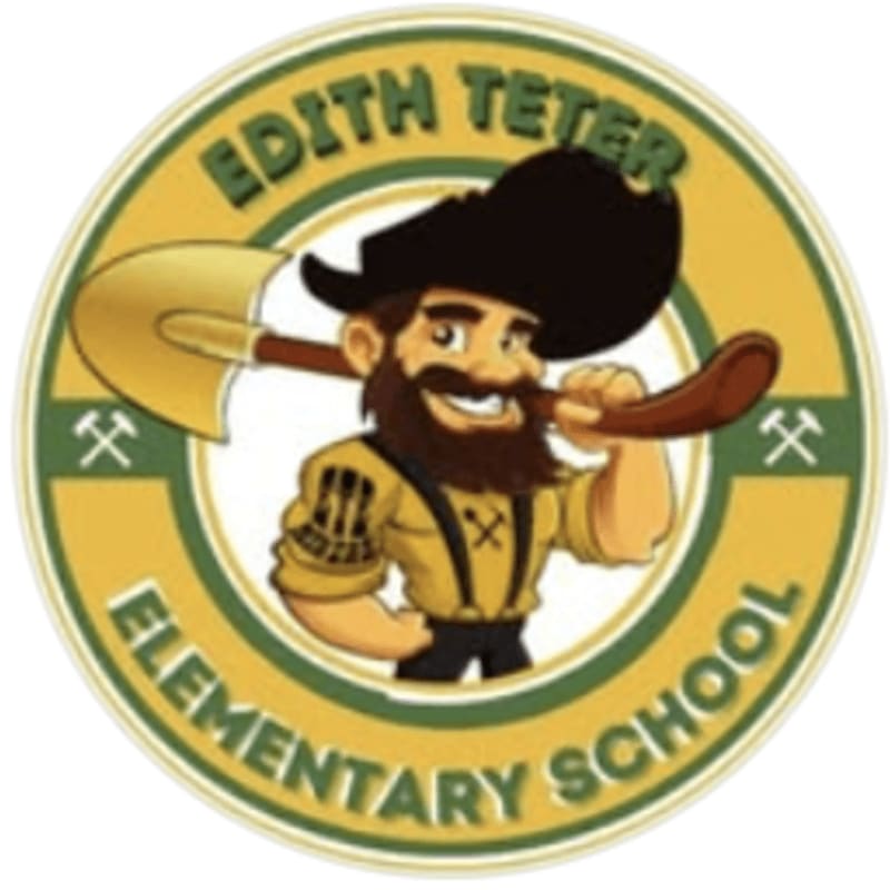 A cartoon miner holding a shovel stands in the foreground of a circular gold and green emblem for Edith Teter Elementary School.