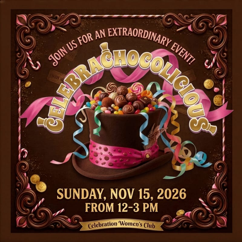 A chocolate-filled top hat with colorful ribbons sits in the foreground against a dark brown background framed by ornate chocolate swirls and event text.