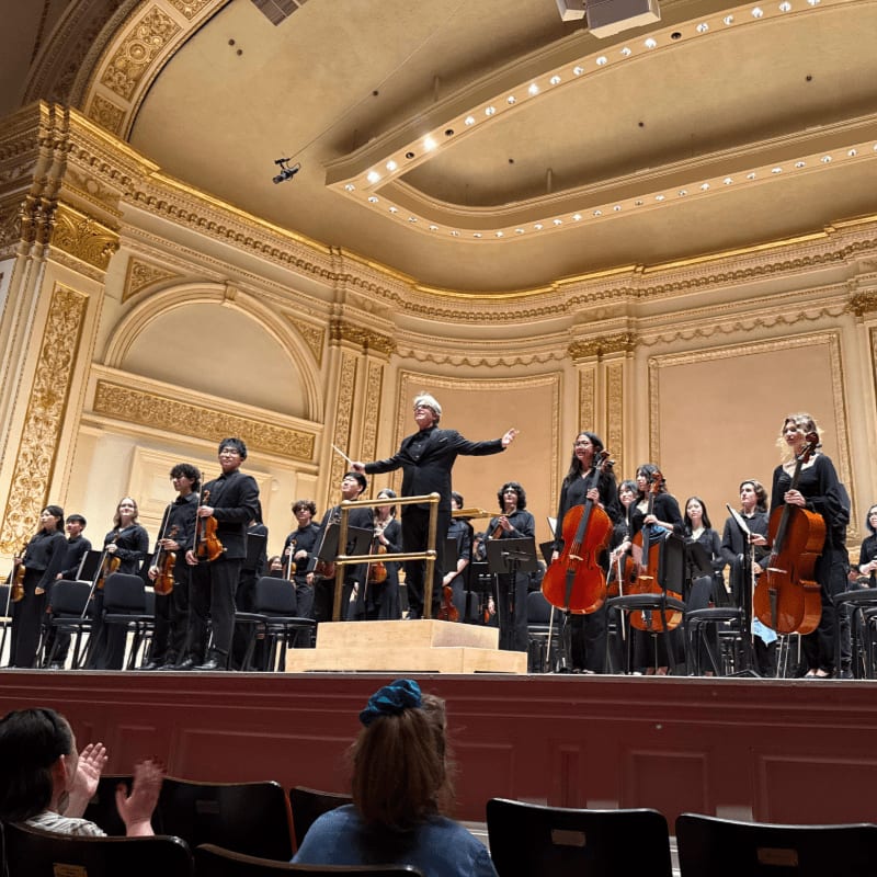 An orchestra performs on a stage in the foreground, set against a backdrop of an ornate, gold-trimmed concert hall.