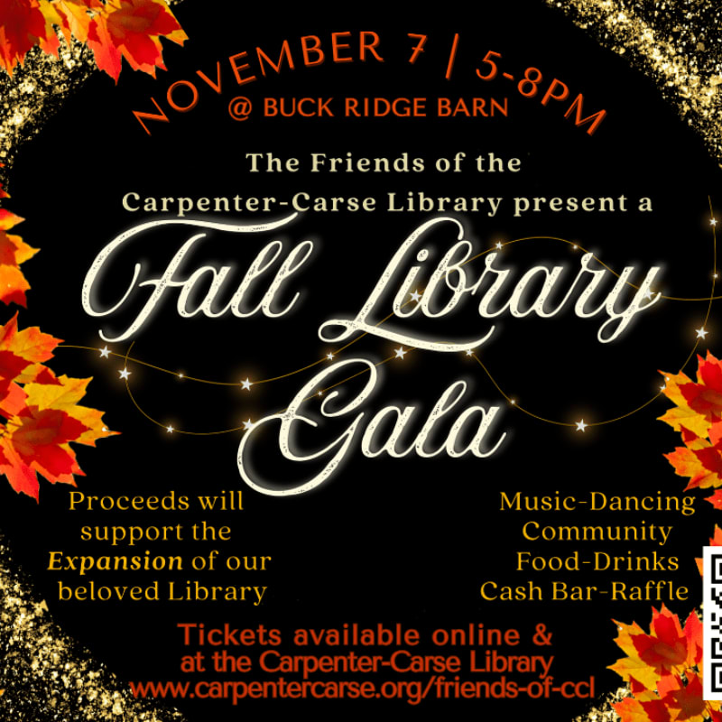 White and gold text announcing a Fall Library Gala is centered on a black background, framed by autumn leaves and gold glitter.