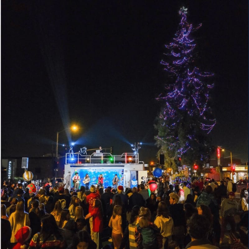 A large crowd gathers in the foreground before a lit stage, with a towering, illuminated Christmas tree standing against the dark night sky in the background.