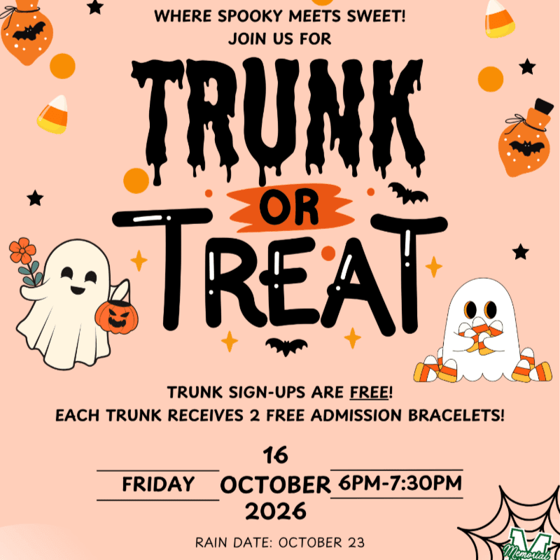 A "Trunk or Treat" event flyer features bold black text and cute ghosts in the foreground against a light pink background decorated with candy corn, bats, and pumpkins.