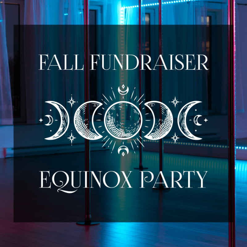 White text and celestial moon graphics for a "Fall Fundraiser Equinox Party" are overlaid on a dark blue semi-transparent square against a background of a dimly lit room with blue lighting and vertical poles.