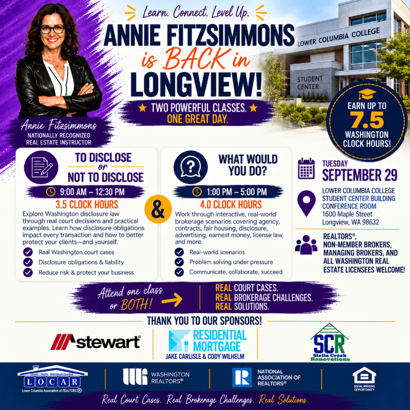 A professional woman stands in the foreground of a promotional flyer for real estate classes, with a photo of the Lower Columbia College Student Center in the background.