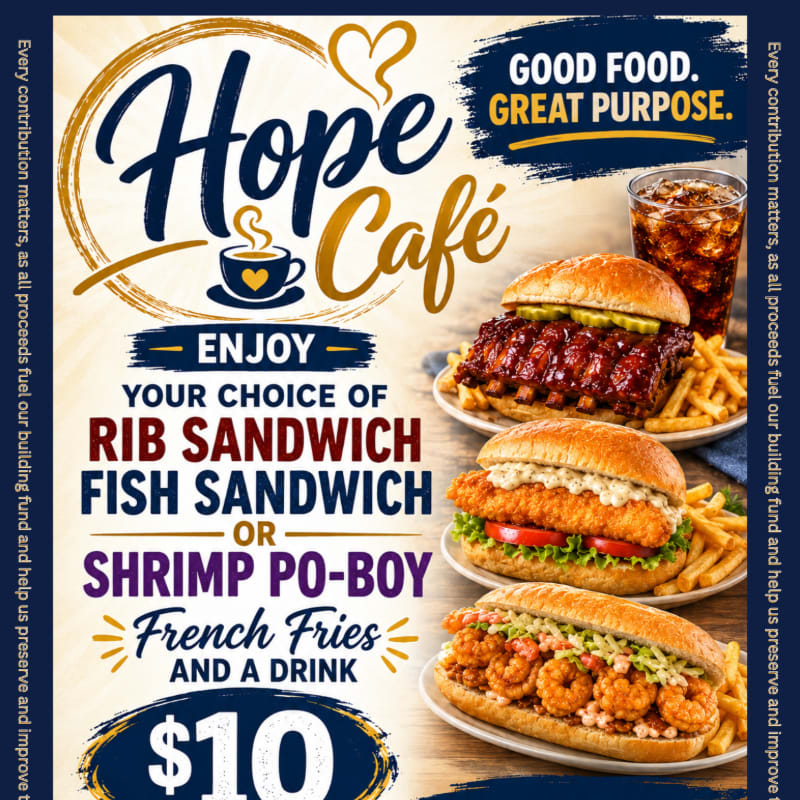 Three different sandwiches with french fries and a drink are displayed in the foreground against a promotional advertisement background for Hope Café.