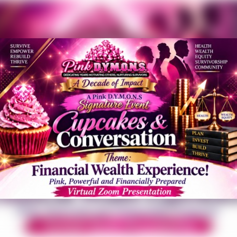 A pink cupcake, gold coins, and a scale of justice sit in the foreground of a promotional flyer featuring silhouettes of people and event text against a vibrant pink background.
