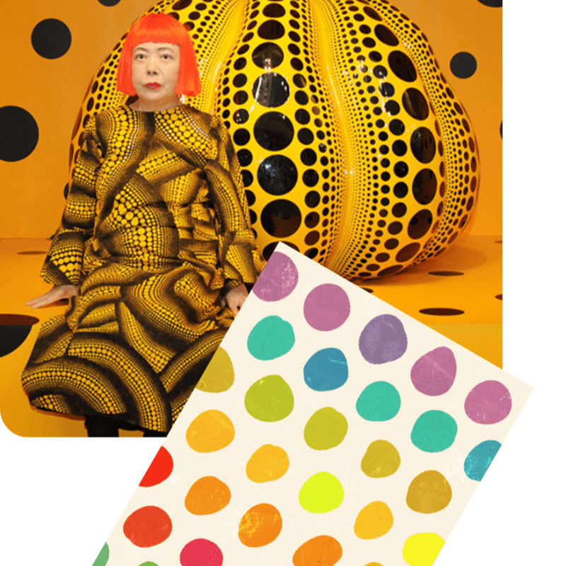 A woman with bright red hair wearing a patterned yellow dress sits before a giant yellow polka-dot pumpkin, with a colorful polka-dot paper overlay in the foreground.
