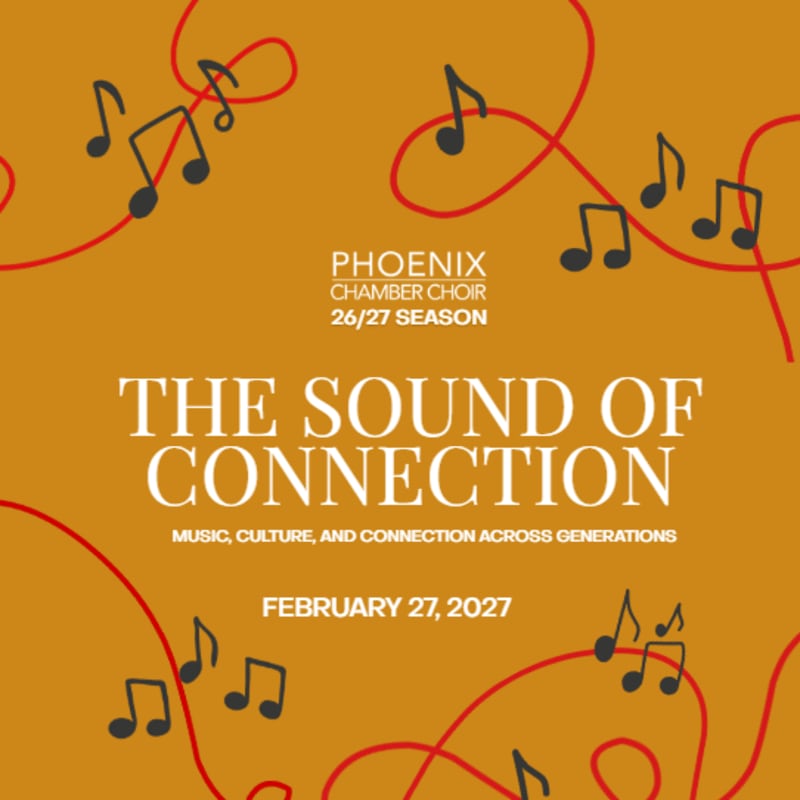 White text and musical notes on red swirling lines are set against a solid orange foreground and a blurred orange background.