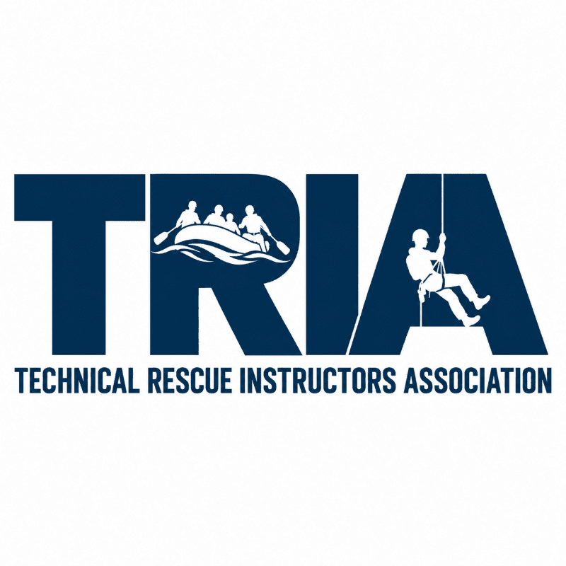 A dark blue logo for the Technical Rescue Instructors Association featuring silhouettes of rescuers in a raft and on a rope against a plain white background.