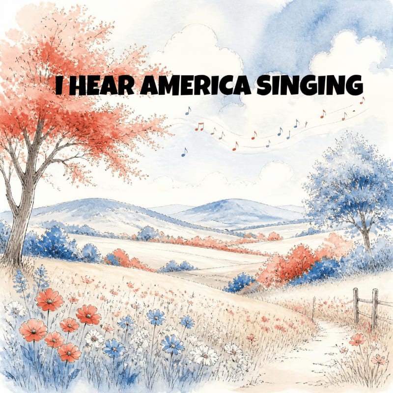 Colorful wildflowers and a dirt path lead through a rolling landscape of hills and trees under a blue sky with musical notes.