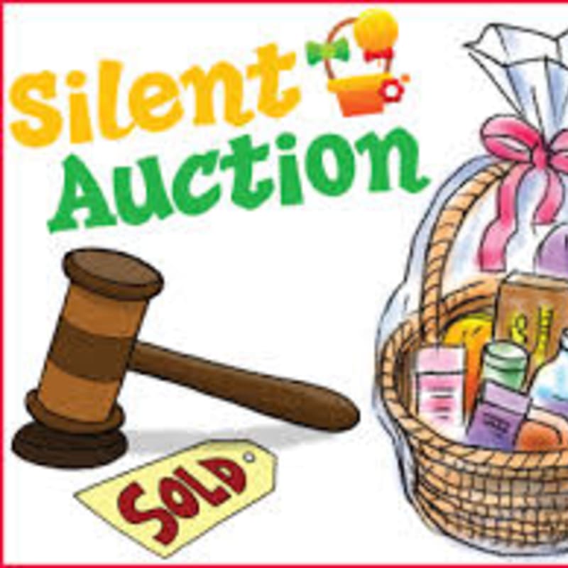 A wooden gavel and a "SOLD" tag sit in the foreground next to a gift basket, with the words "Silent Auction" in colorful text in the background.