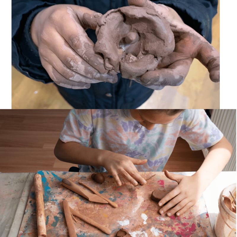 A pair of hands holds a lump of clay in the top frame, while a child works with clay and tools on a colorful board in the bottom frame.
