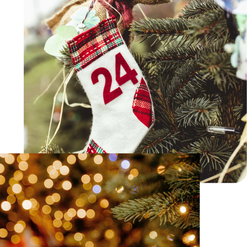 A white Christmas stocking numbered 24 hangs on a pine branch in the top image, while the bottom image shows a pine branch against a background of golden bokeh lights.