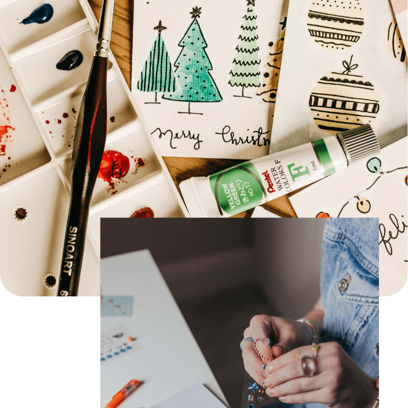 A paintbrush and paint palette lie beside Christmas-themed drawings and a tube of paint, with a separate inset showing hands crafting jewelry.