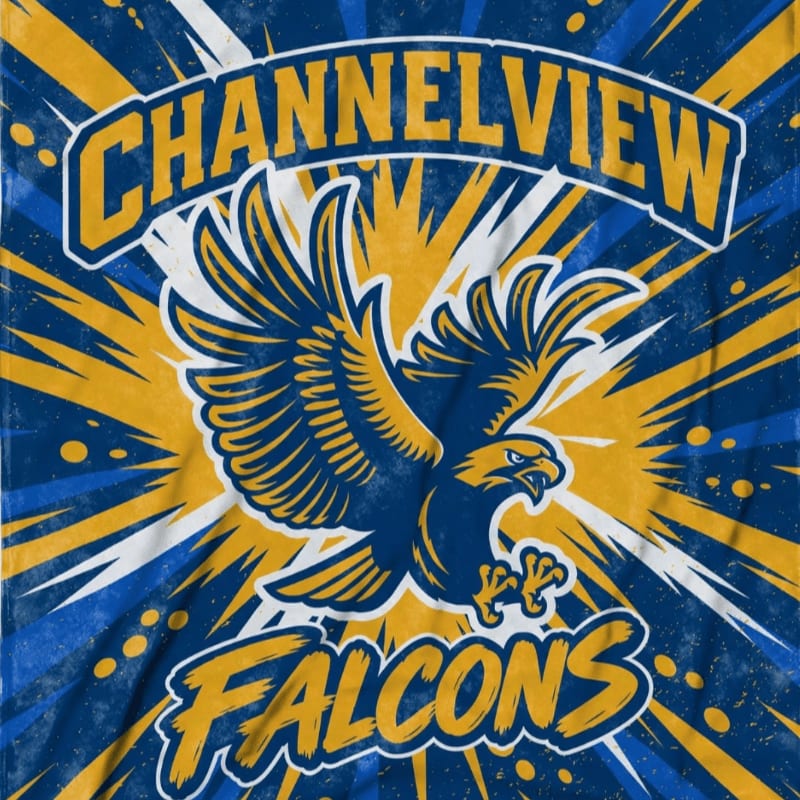 A blue and gold falcon is centered between the words "CHANNELVIEW" and "FALCONS" against a radiating sunburst background.
