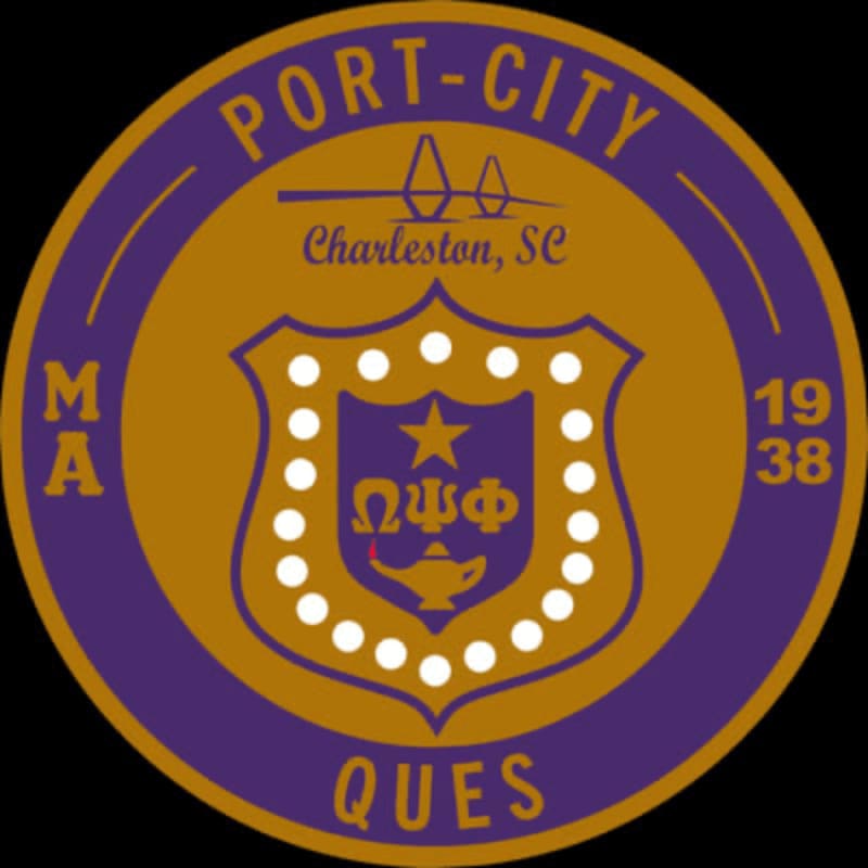 A gold and purple circular emblem features a central shield with Greek letters and a lamp, set against a background with the text "PORT-CITY," "Charleston, SC," and "QUES."