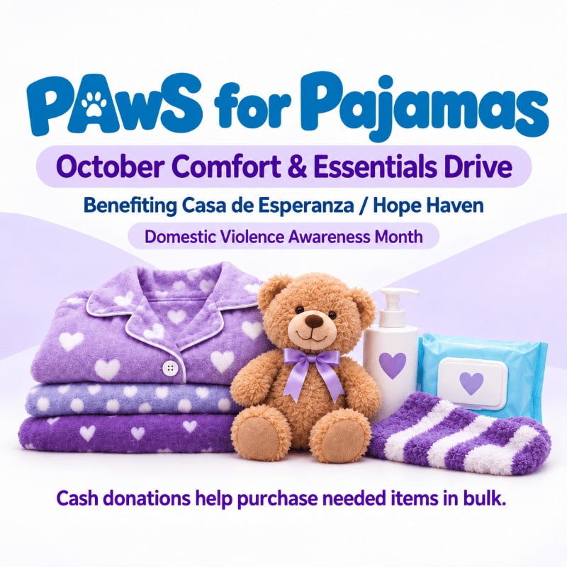 A stack of purple heart-patterned pajamas, a teddy bear, and toiletries sit in the foreground against a white and purple background featuring text for a "PAWS for Pajamas" donation drive.
