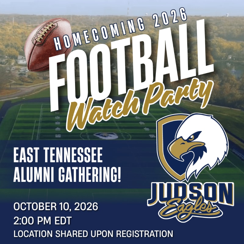 A promotional flyer for a 2026 Homecoming Football Watch Party features a football and event text in the foreground over a background of an aerial view of a football field and autumn landscape.