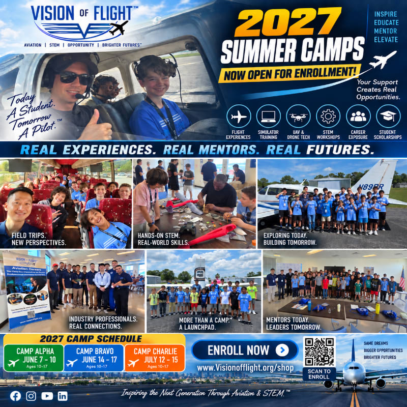 A promotional flyer for 2027 summer camps features a collage of students engaged in aviation and STEM activities in the foreground, set against a background of blue and yellow graphic design elements and aircraft.