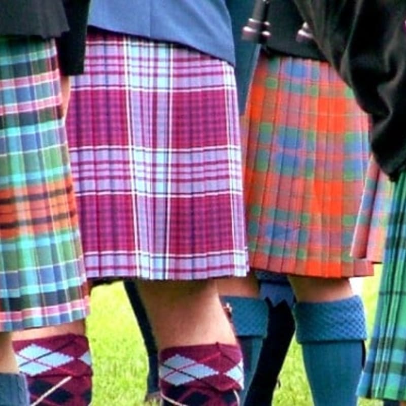 Several people wear colorful tartan kilts and patterned socks while standing on a green grassy field.