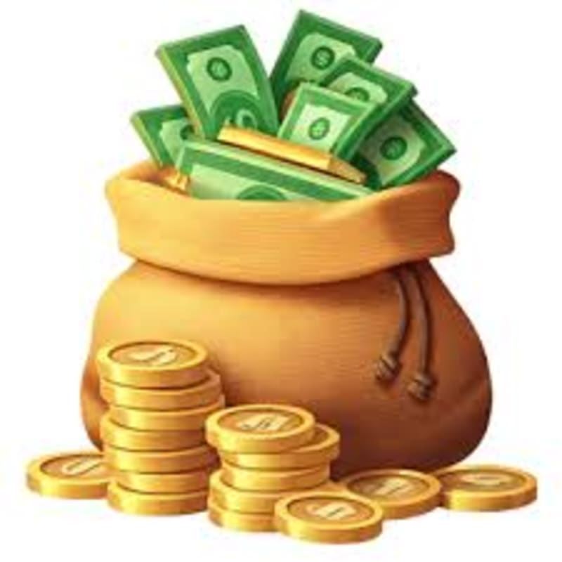 Stacks of gold coins sit in the foreground before a large brown sack overflowing with cash and gold bars against a plain white background.