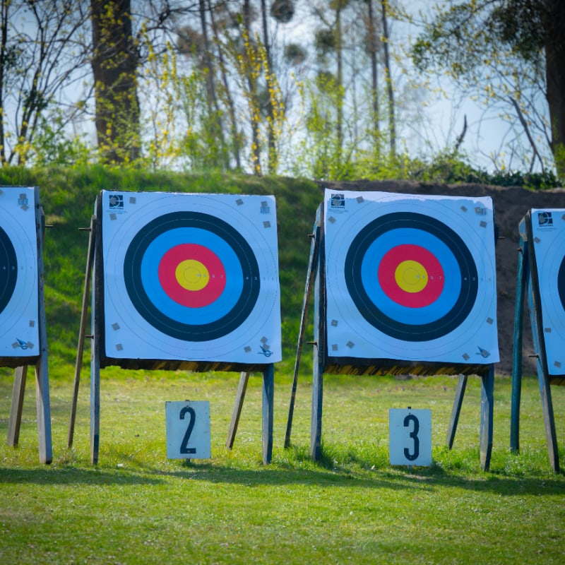 Four archery targets lined up on a grassy field