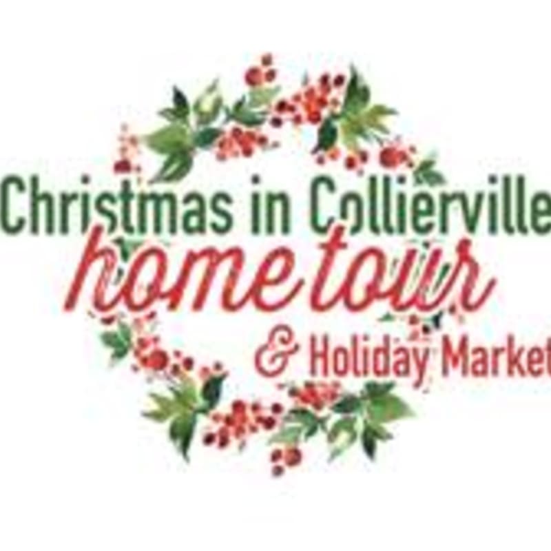 Text reading "Christmas in Collierville home tour & Holiday Market" is centered over a festive wreath of red berries and green leaves against a plain white background.