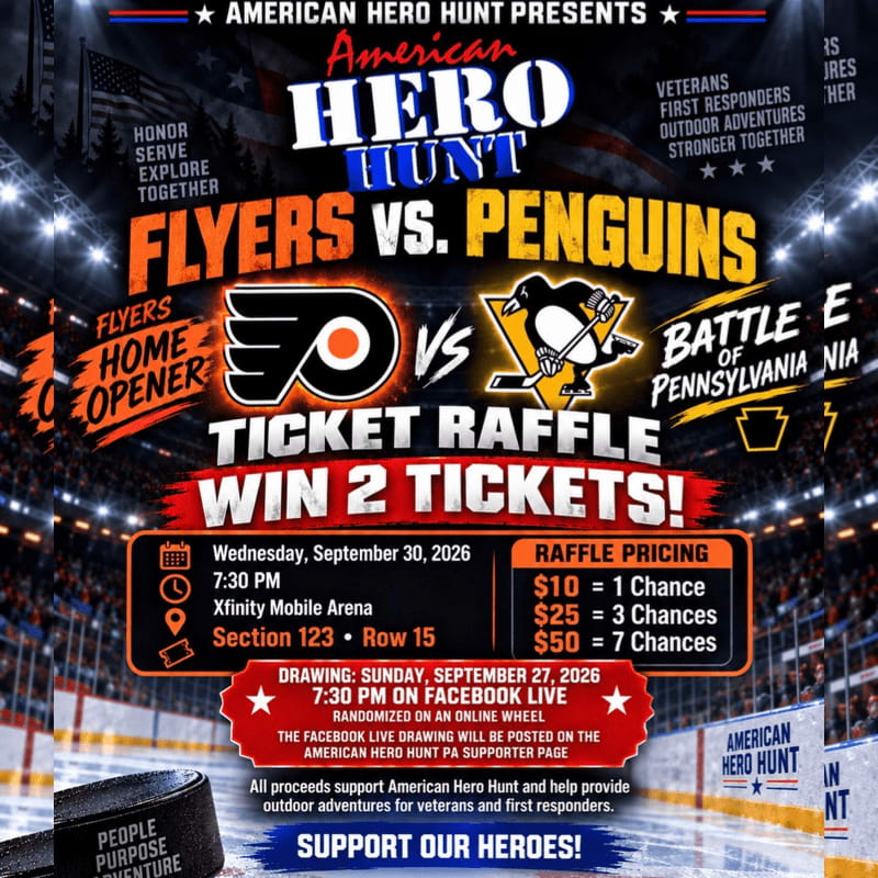 A ticket raffle advertisement for a Flyers vs. Penguins game is set against a blurred background of a crowded hockey arena.