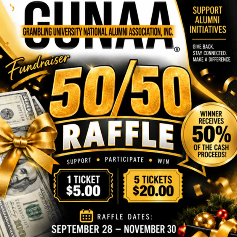 A gold-themed 50/50 raffle fundraiser advertisement features a stack of cash with a gold bow in the foreground against a black background with promotional text.