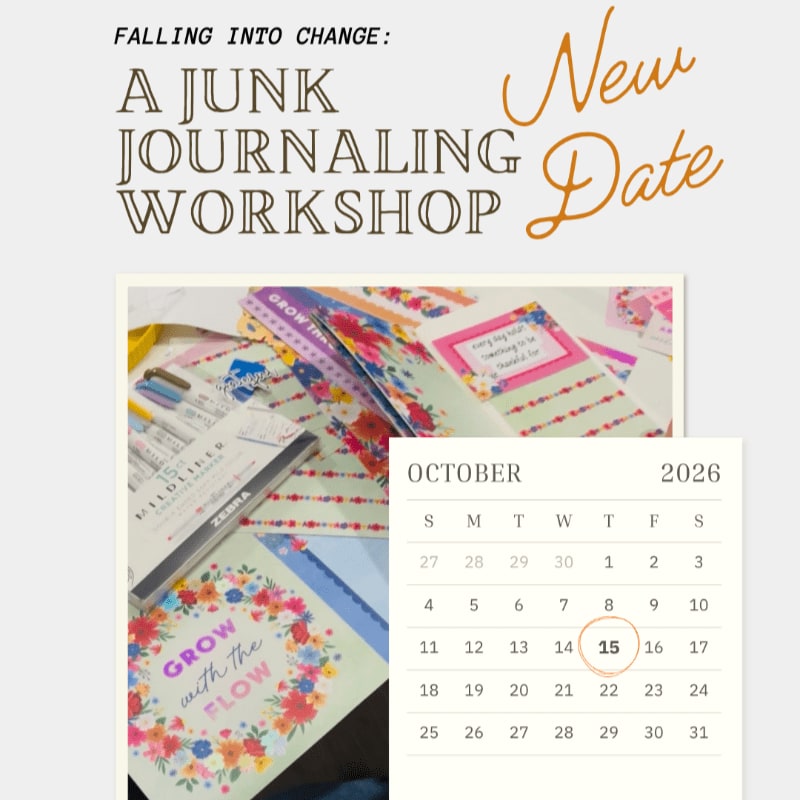 Text announcing a junk journaling workshop is positioned above a photo of colorful art supplies and a calendar marking October 15, 2026, against a plain white background.