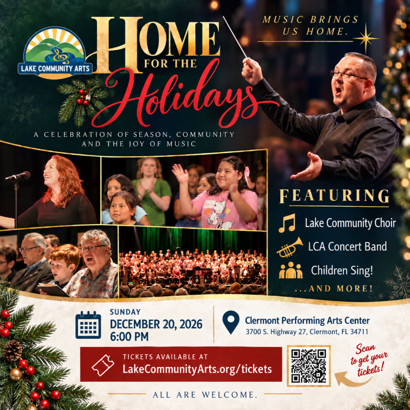 A promotional poster for "Home for the Holidays" features a conductor and various performers in the foreground against a dark, festive background with event details and a ticket link below.