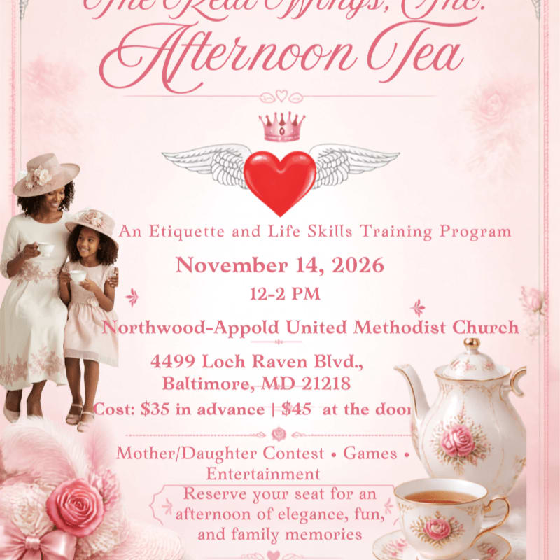 An invitation for "The Afternoon Tea" features a woman and girl in white dresses and a tea set in the foreground against a soft pink background with floral accents and event details.