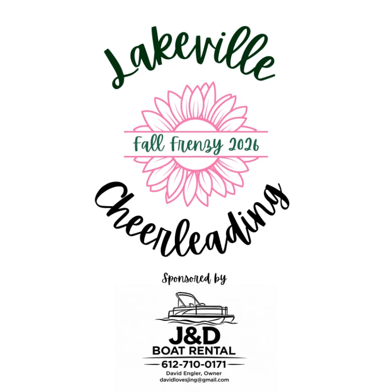 Text for "Lakeville Cheerleading Fall Frenzy 2026" and a boat rental sponsor logo are centered on a plain white background.