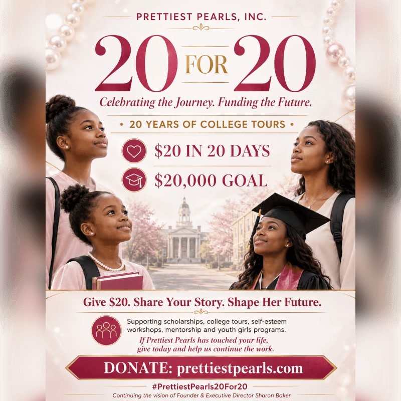 A promotional flyer for "Prettiest Pearls, Inc." features three young Black women in the foreground against a background of a college campus and decorative pearls.