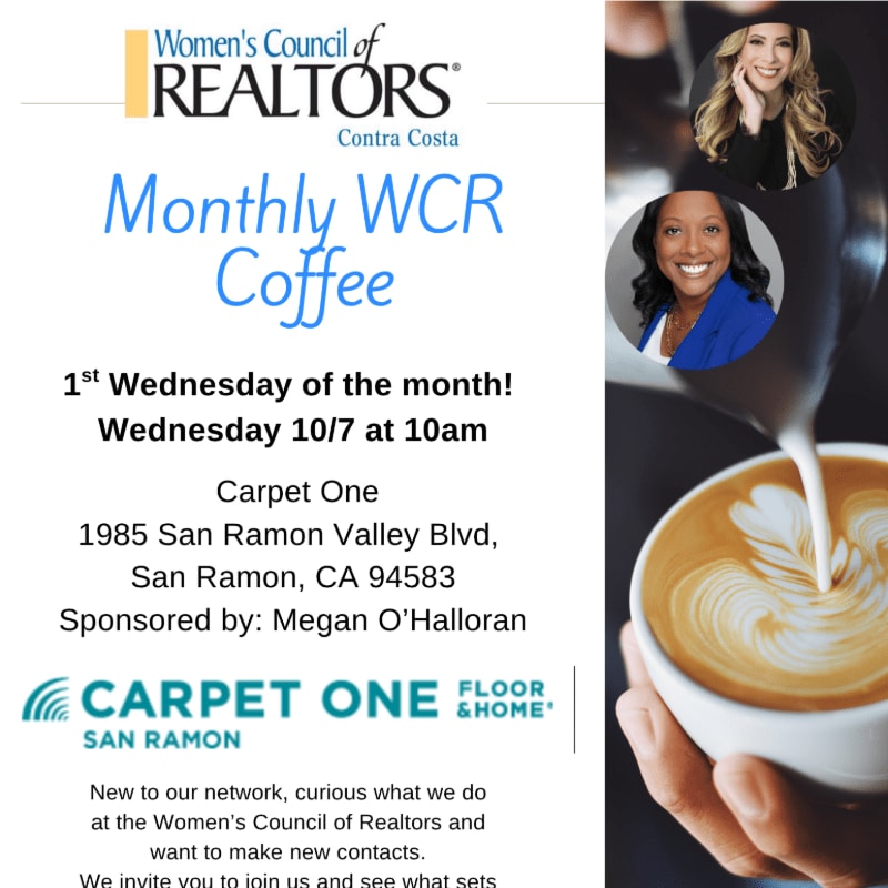 An event flyer for a monthly coffee meeting is positioned on the left, while the right side features a close-up of latte art being poured into a cup with two women's portraits in the background.