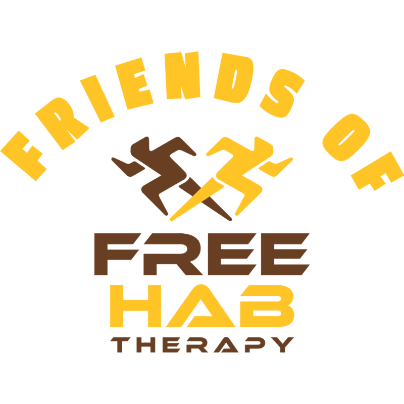 A logo featuring the text "FRIENDS OF FREE HAB THERAPY" and two stylized running figures in brown and yellow against a plain white background.
