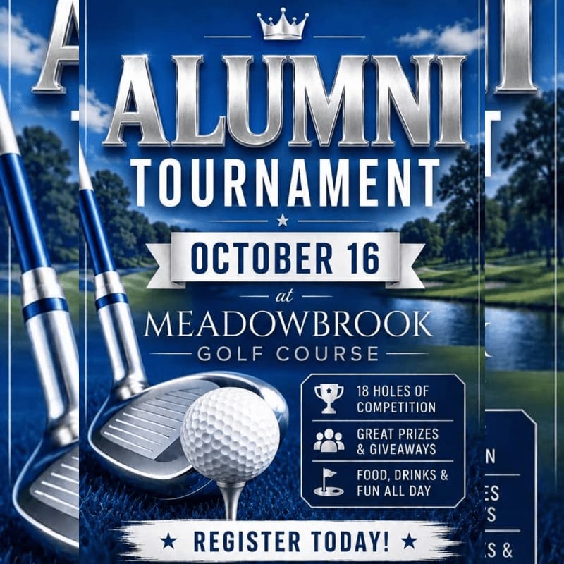 Two golf clubs and a ball on a tee sit in the foreground of a promotional flyer for an alumni tournament set against a sunny golf course background.